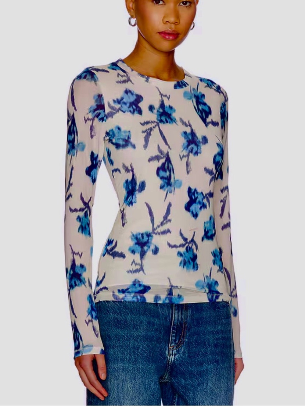 NWT Rag & Bone $228 Yana Printed Mesh Long Sleeve Tee Ivory Multi Size: XL